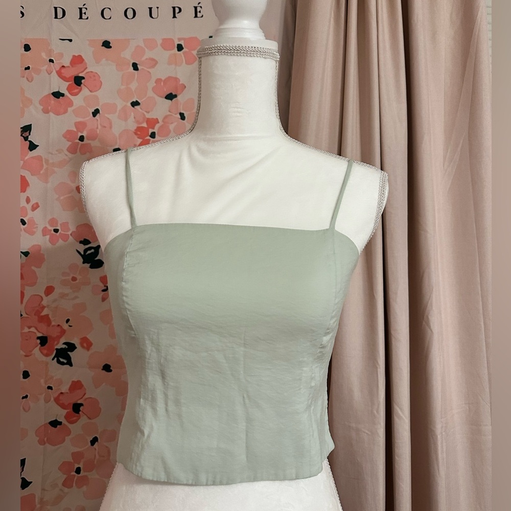 ZARA Sage Green Linen Blend Backless Sexy Going Out Crop Top 90s Y2K